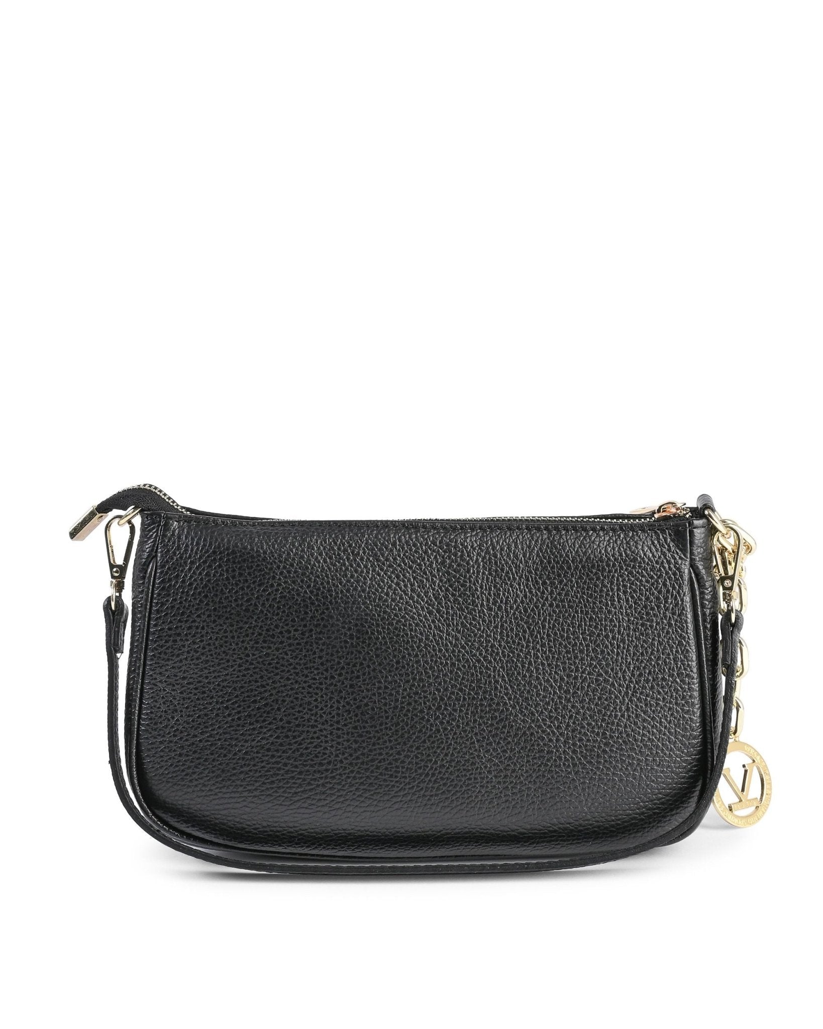 Black leather handbag with gold zipper on a white background