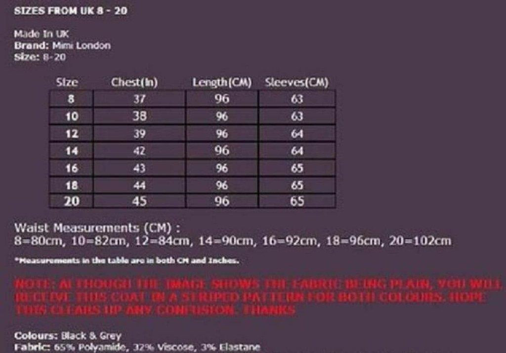 Size chart for a coat with measurements in centimeters on a dark background