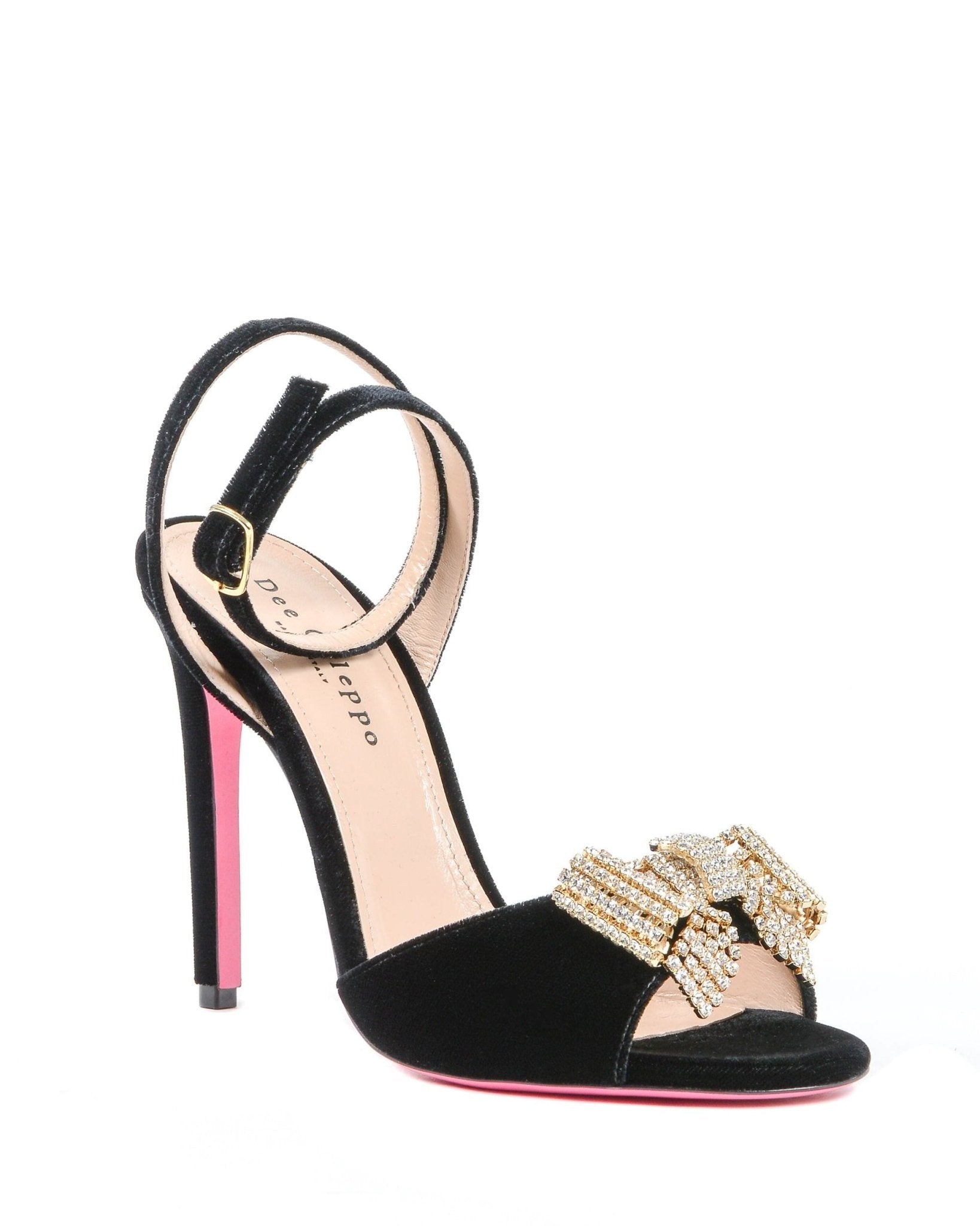 Velvet Bow Sandal - Black Italian High Heel with Swarovski Crystal Bow - Style Queenz
