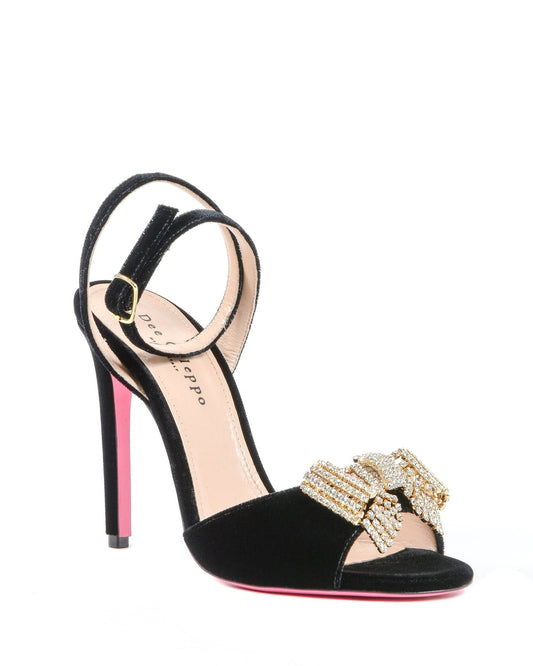 Velvet Bow Sandal - Black Italian High Heel with Swarovski Crystal Bow - Style Queenz