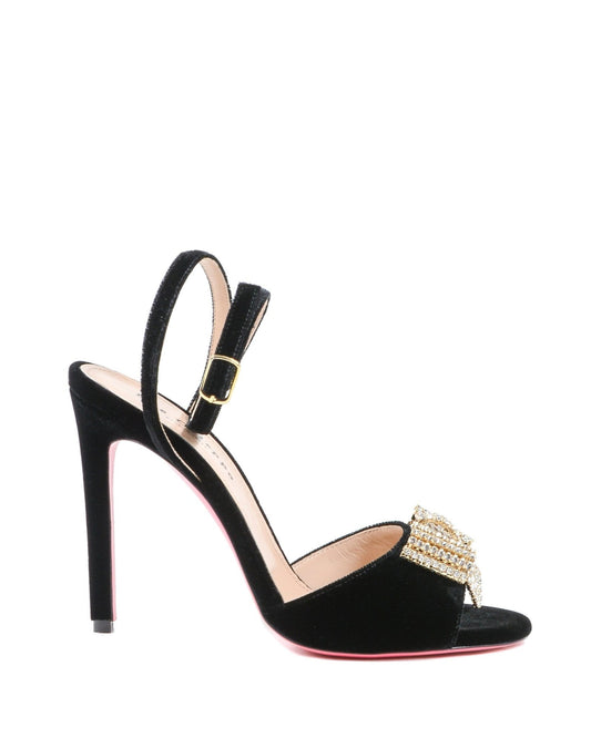 Velvet Bow Sandal - Black Italian High Heel with Swarovski Crystal Bow - Style Queenz