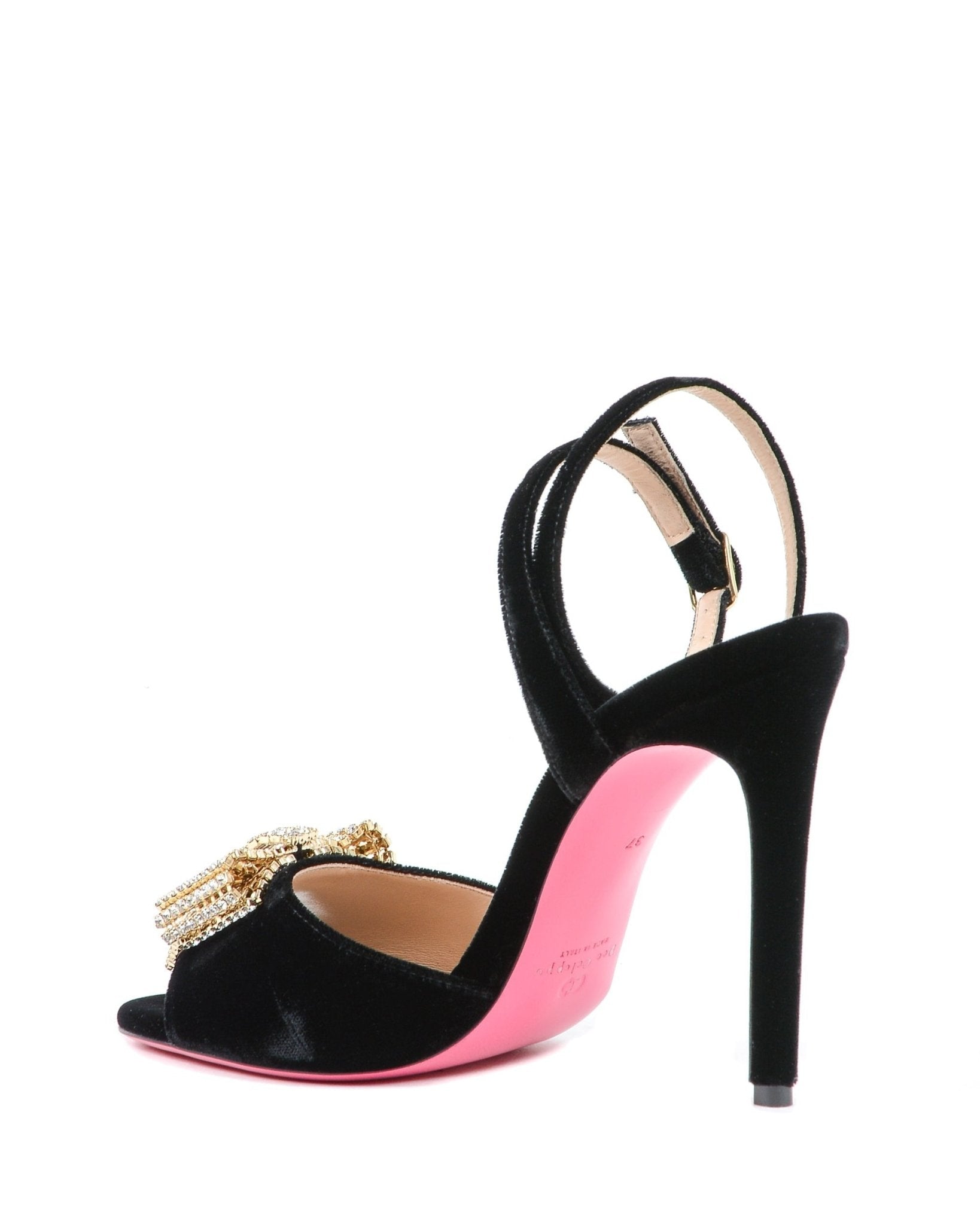 Velvet Bow Sandal - Black Italian High Heel with Swarovski Crystal Bow - Style Queenz