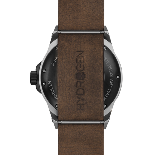 Watch with brown leather strap and 'Hydrogen' branding on a white background