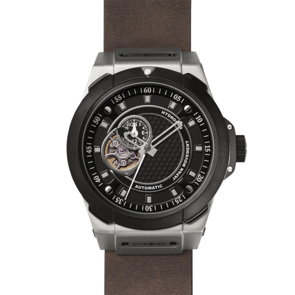 Watch with black face and brown leather strap on a white background