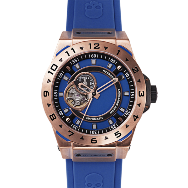 Watch with blue strap and rose gold casing on a white background