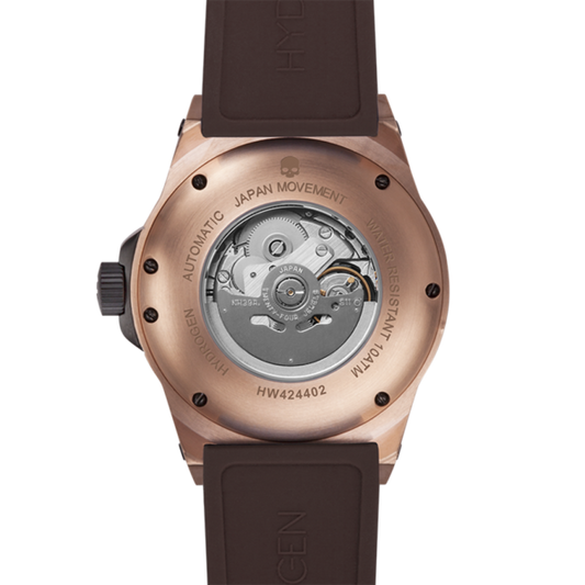 Watch with brown strap and visible mechanical components on a white background