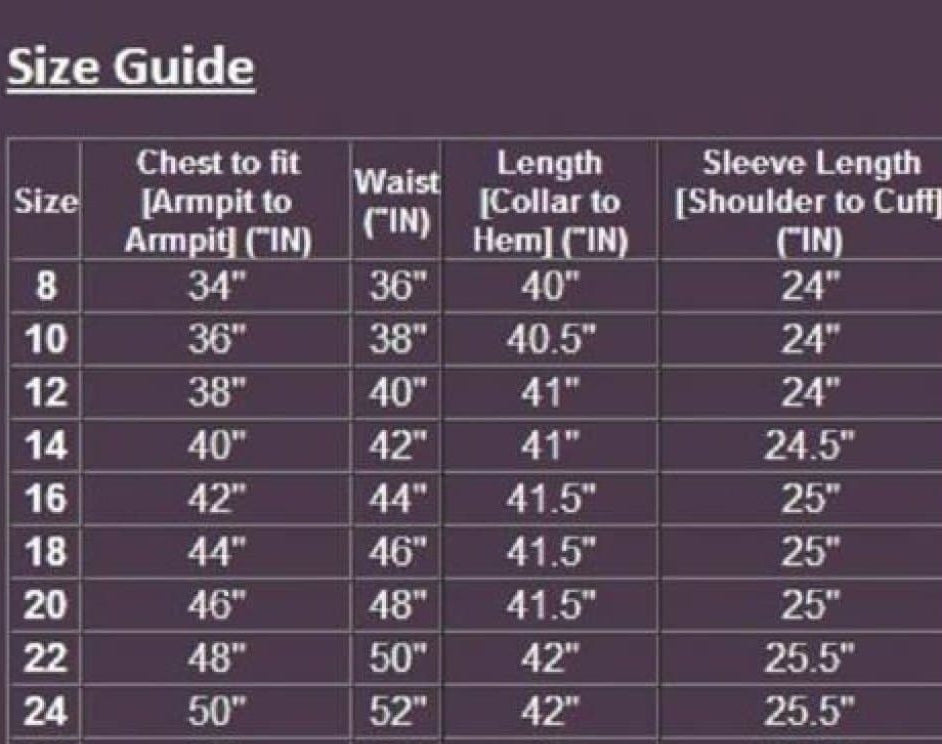 Size guide chart for clothing with measurements in inches