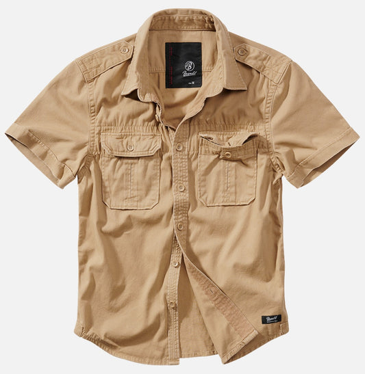 Beige short-sleeve shirt with button details on a white background