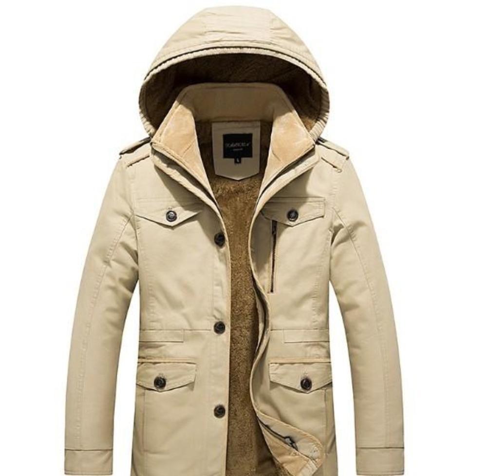 Beige winter coat with a hood on a white background