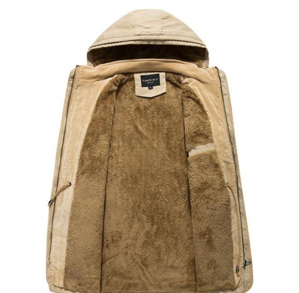 Beige hooded jacket with a visible brand label on a white background