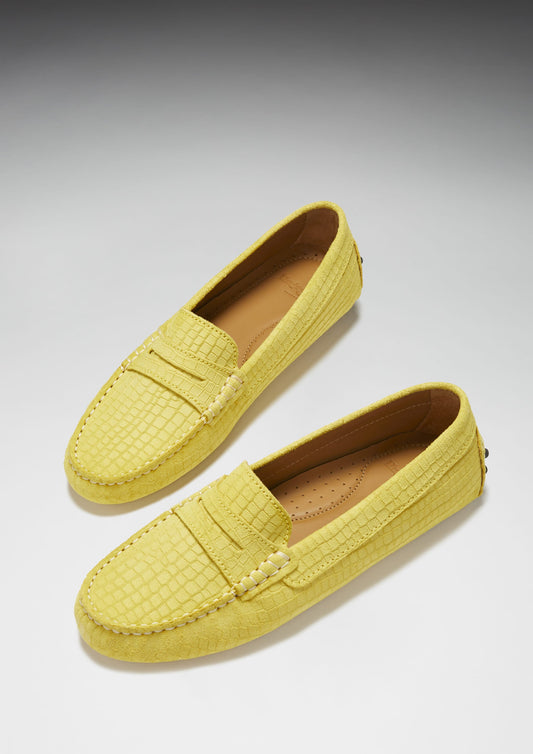 Women's Yellow Embossed Suede Driving Loafers