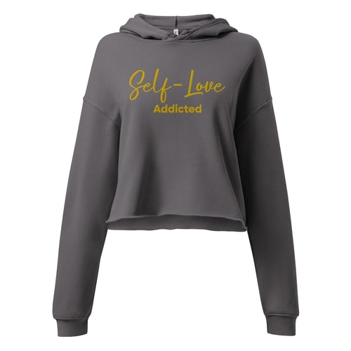 Gray hoodie with 'Self-Love Addicted' text on a white background