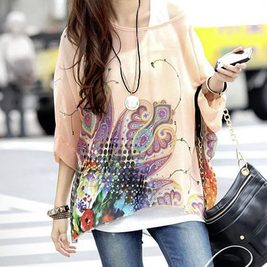 Women's Paisley Print Chiffon Batwing Top - Loose Fit Tunic - Style Queenz