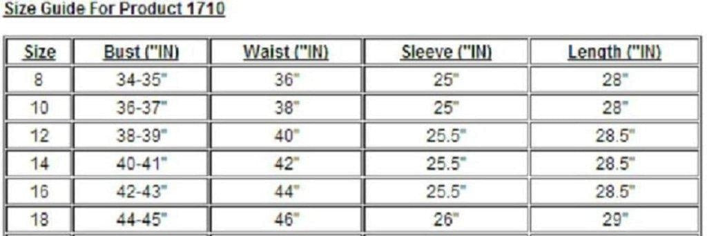 Size guide for product 1710 with measurements in inches