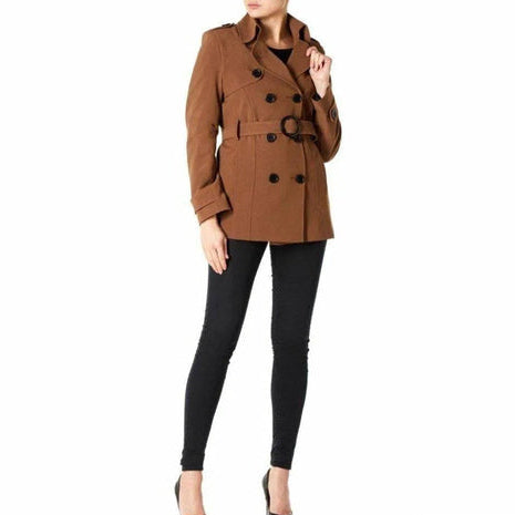 Brown coat worn by a person on a white background