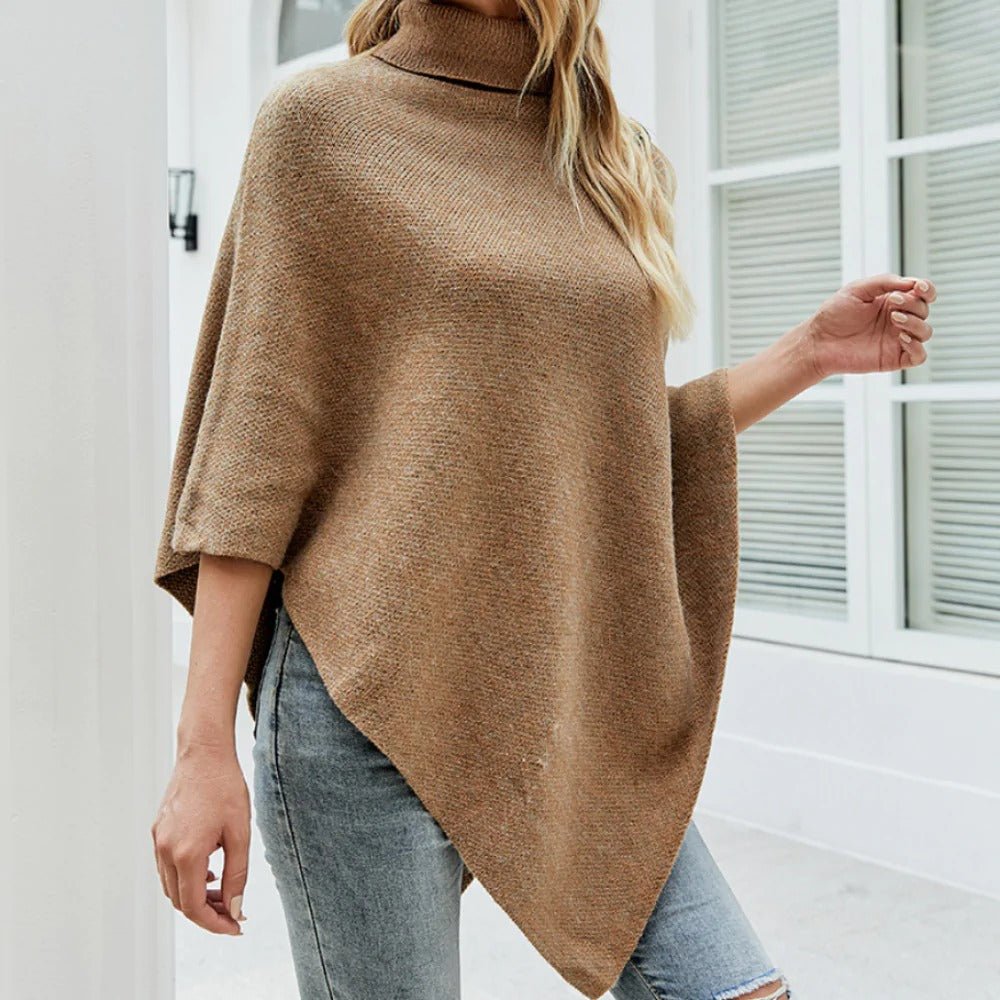 Women's Turtleneck Poncho with Side Button Details - Designer Knitwear - Style Queenz