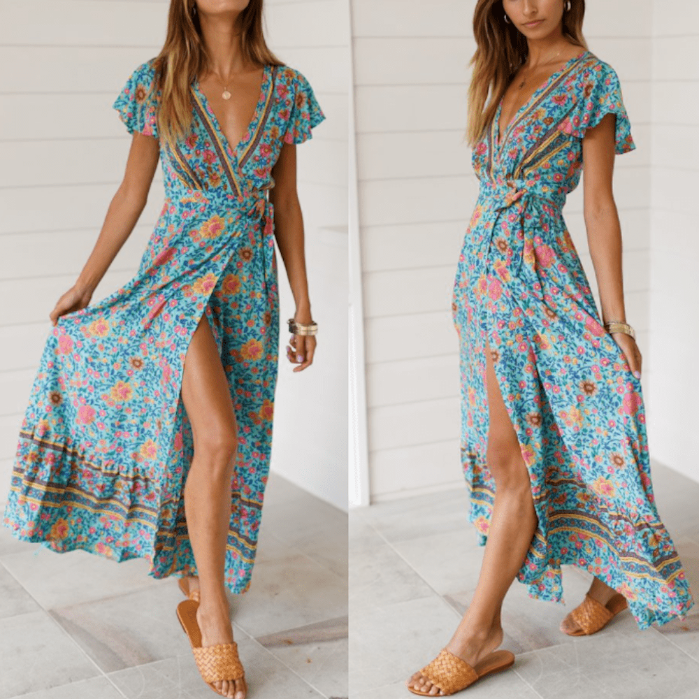 Women's Wrap Style V - Neck Floral Maxi Dress - Summer Beach Dress - Style Queenz