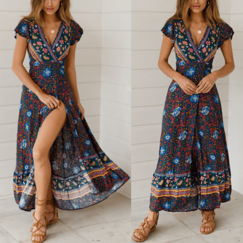 Women's Wrap Style V - Neck Floral Maxi Dress - Summer Beach Dress - Style Queenz