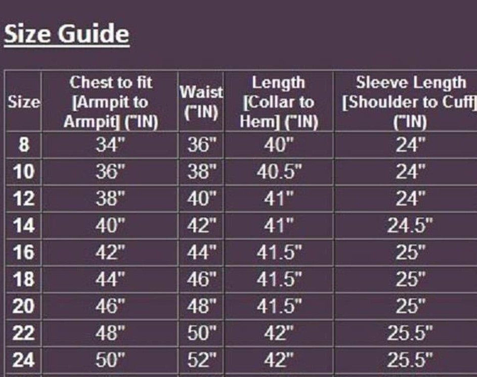 Size guide chart for clothing measurements on a dark background