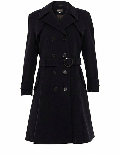 Black trench coat with a belt on a white background