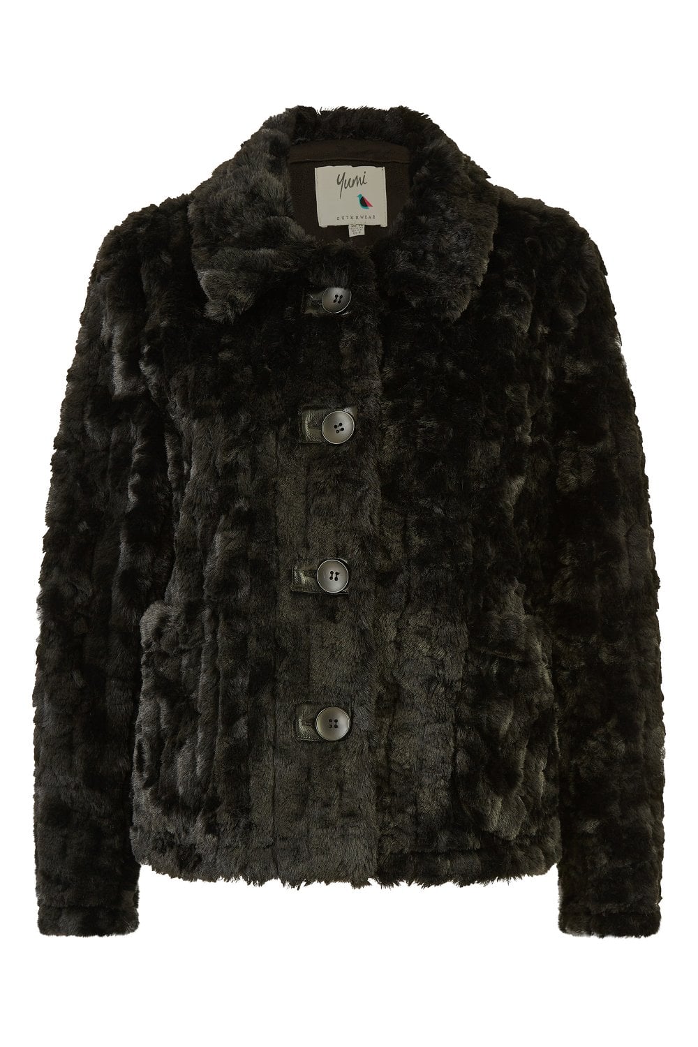 Black faux fur jacket with button details on a white background