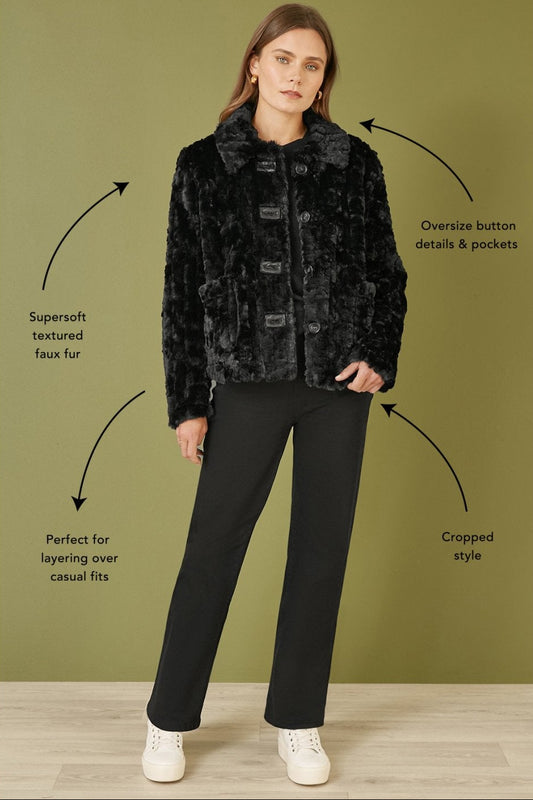 Woman wearing a black textured faux fur jacket with text highlighting features on a green background