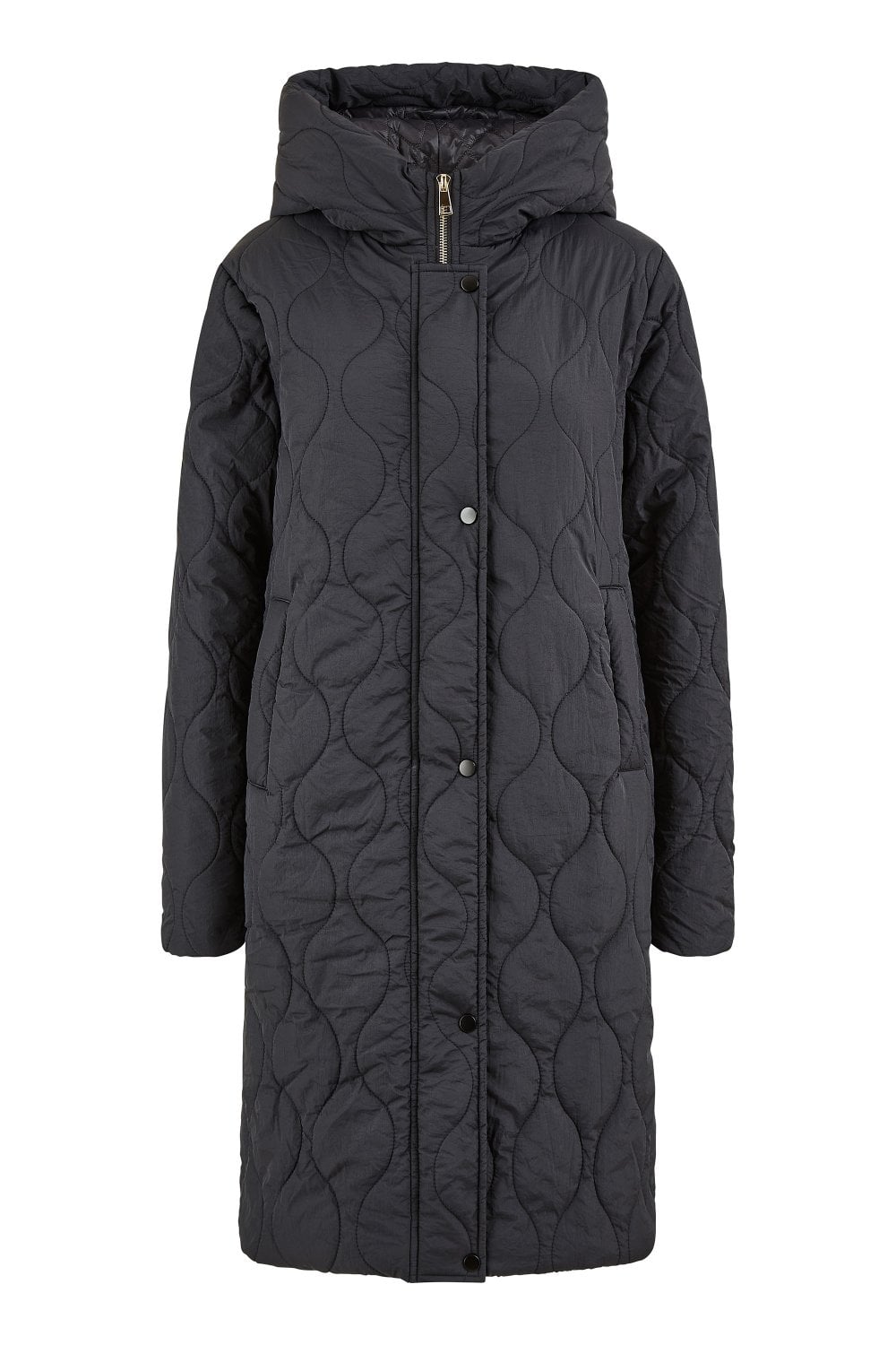 Black quilted coat with a hood on a white background