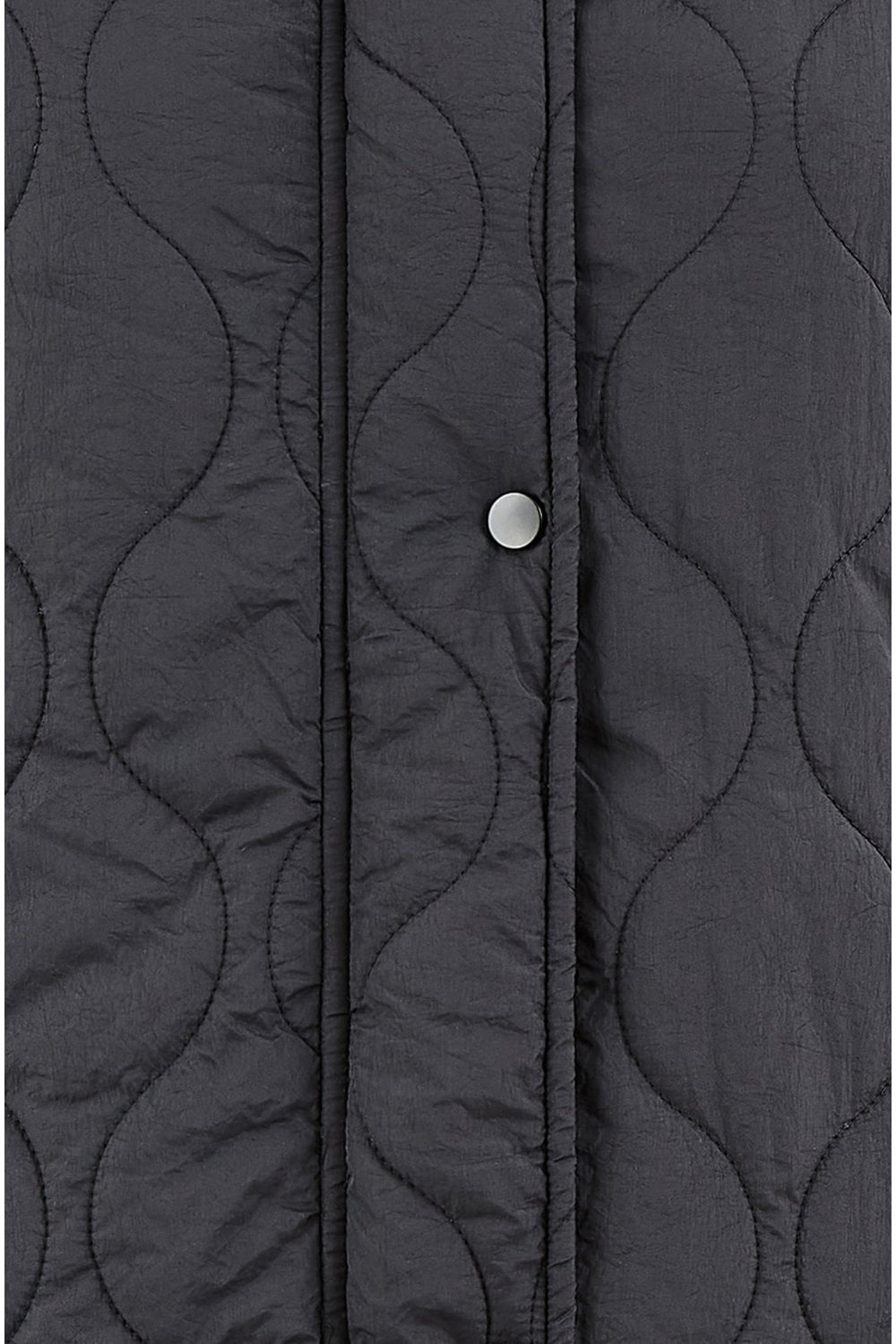 Close-up of a black quilted jacket with wavy pattern and button detail.