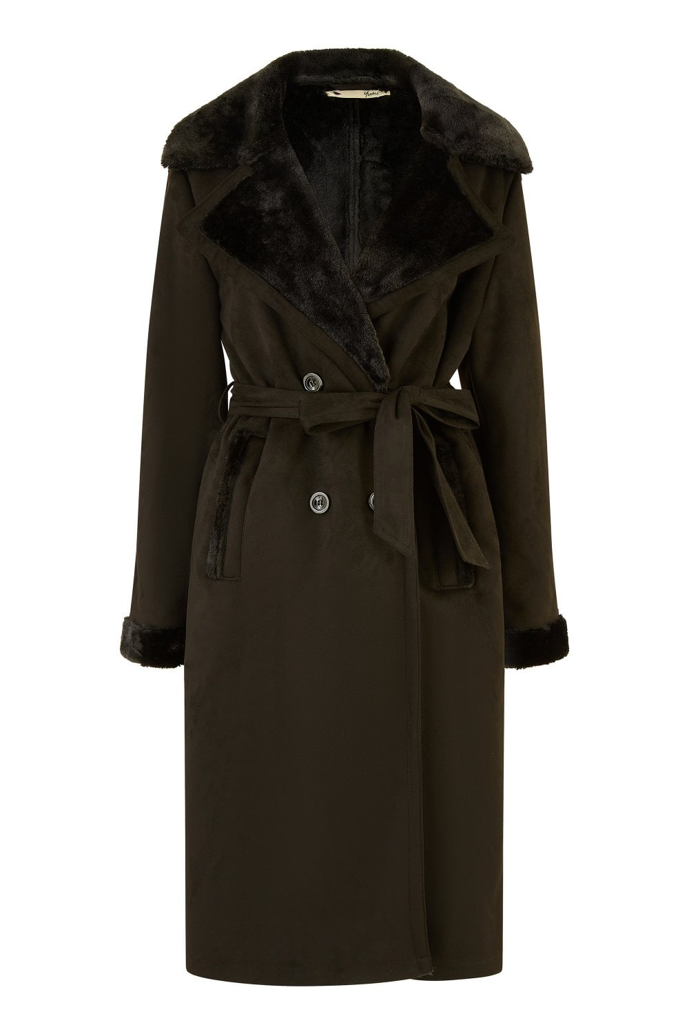 Dark brown trench coat with fur collar on a white background
