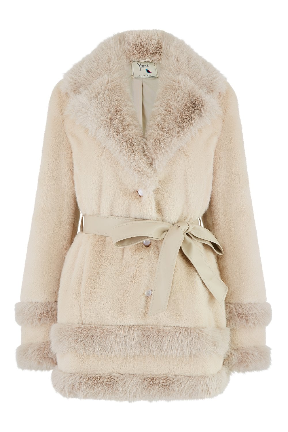 Beige fur coat with a belt on a white background