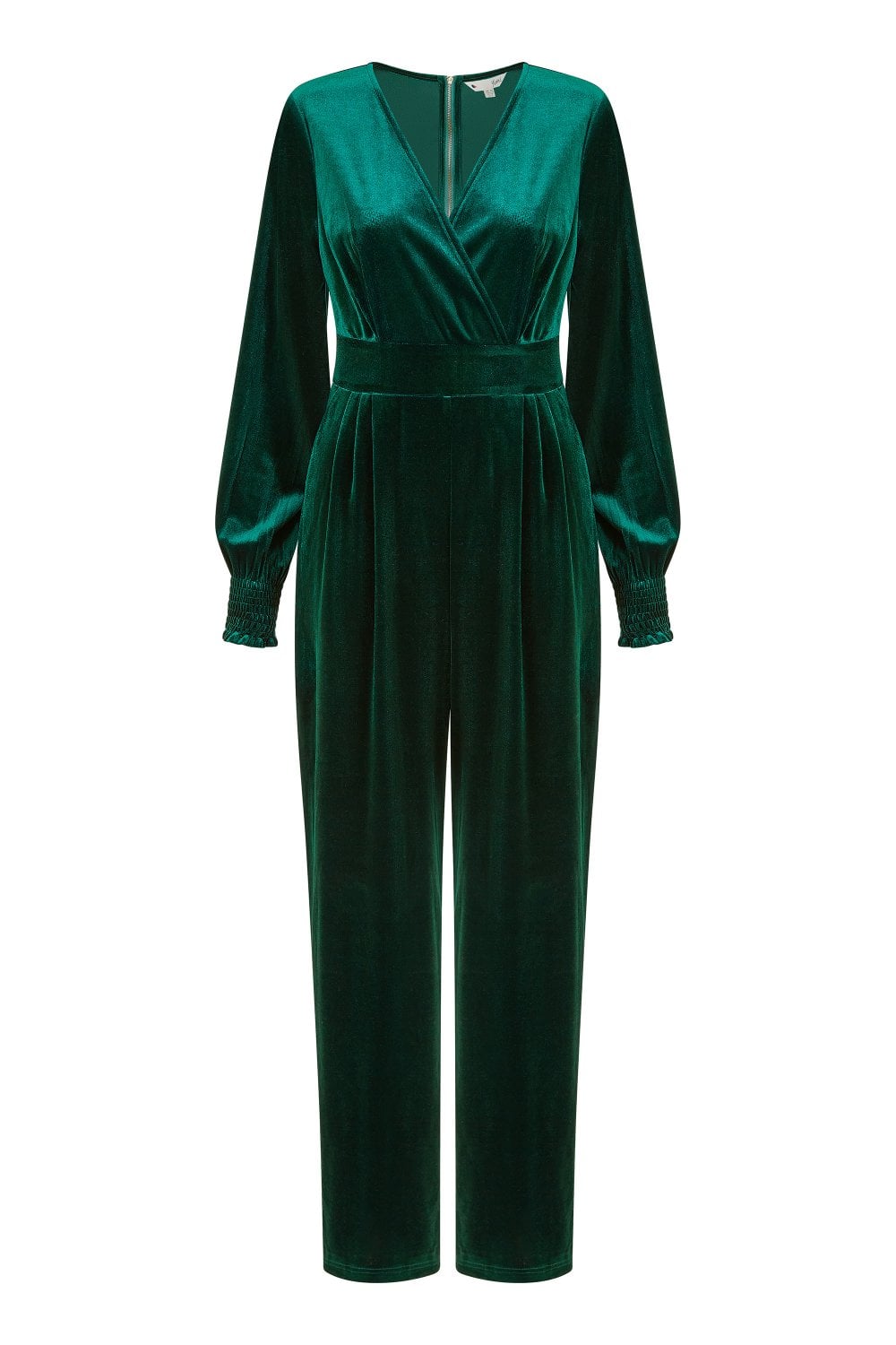 Green velvet jumpsuit on a white background