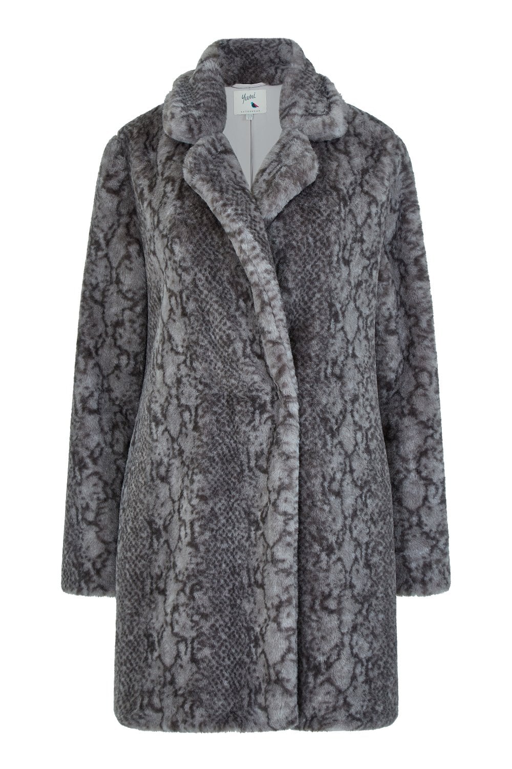 Gray patterned coat with fur collar on a white background