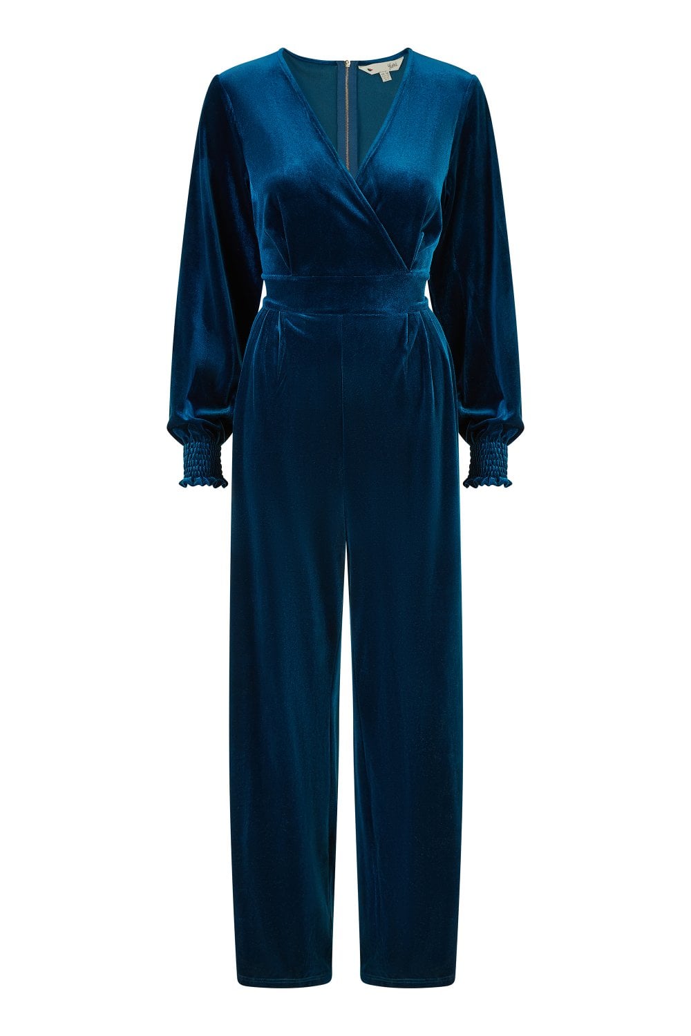 Blue velvet jumpsuit on a white background