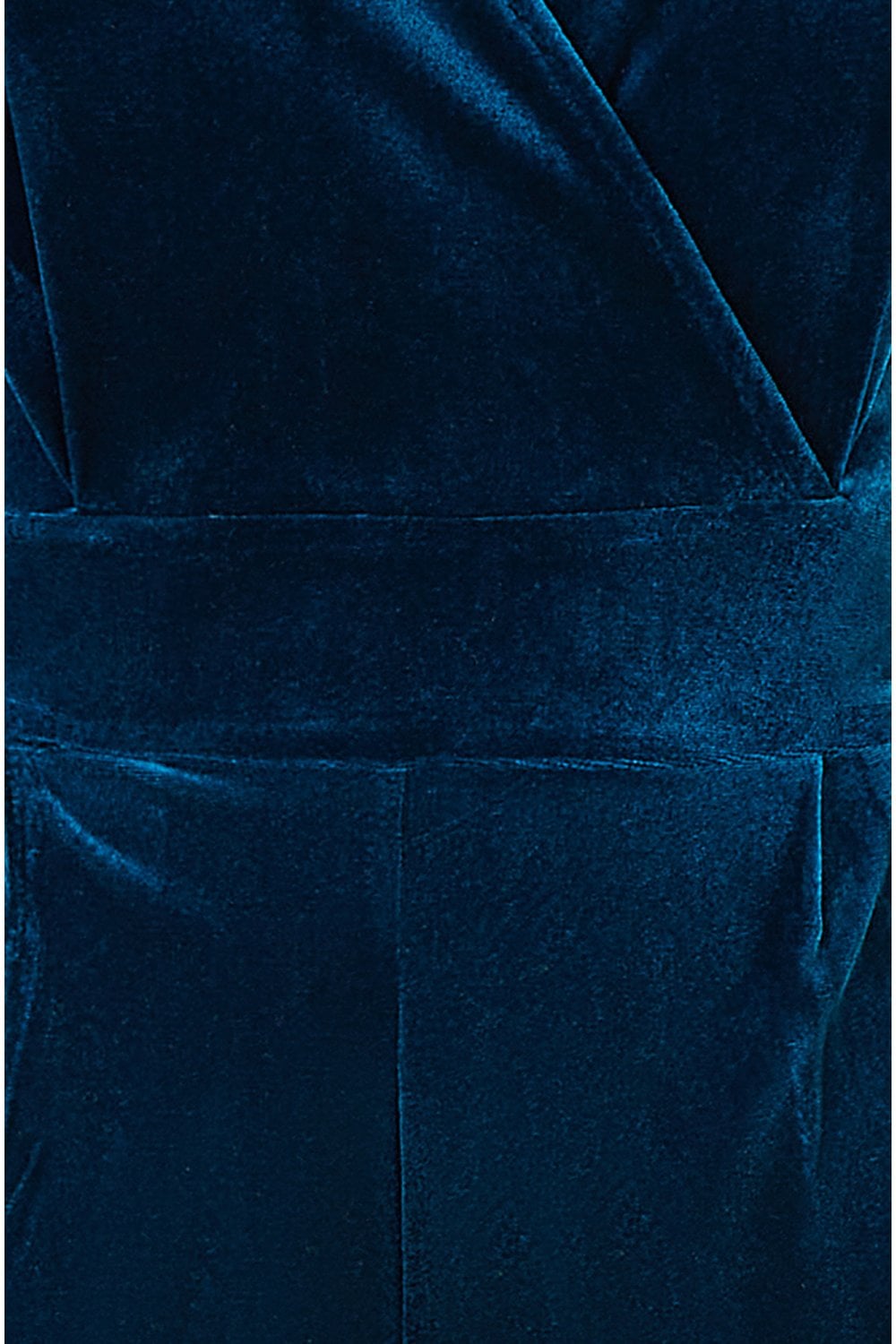 Close-up of a blue velvet garment with a collar and pocket detail.
