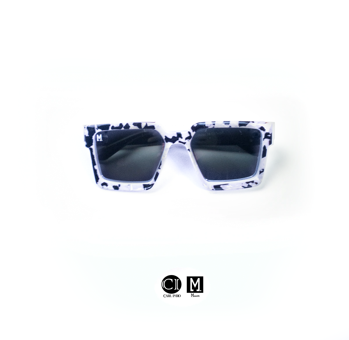Sunglasses with blue floral pattern on a white background