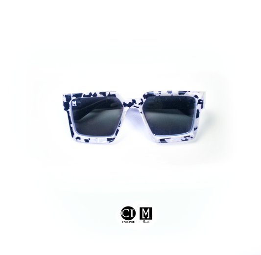 Sunglasses with blue floral pattern on a white background